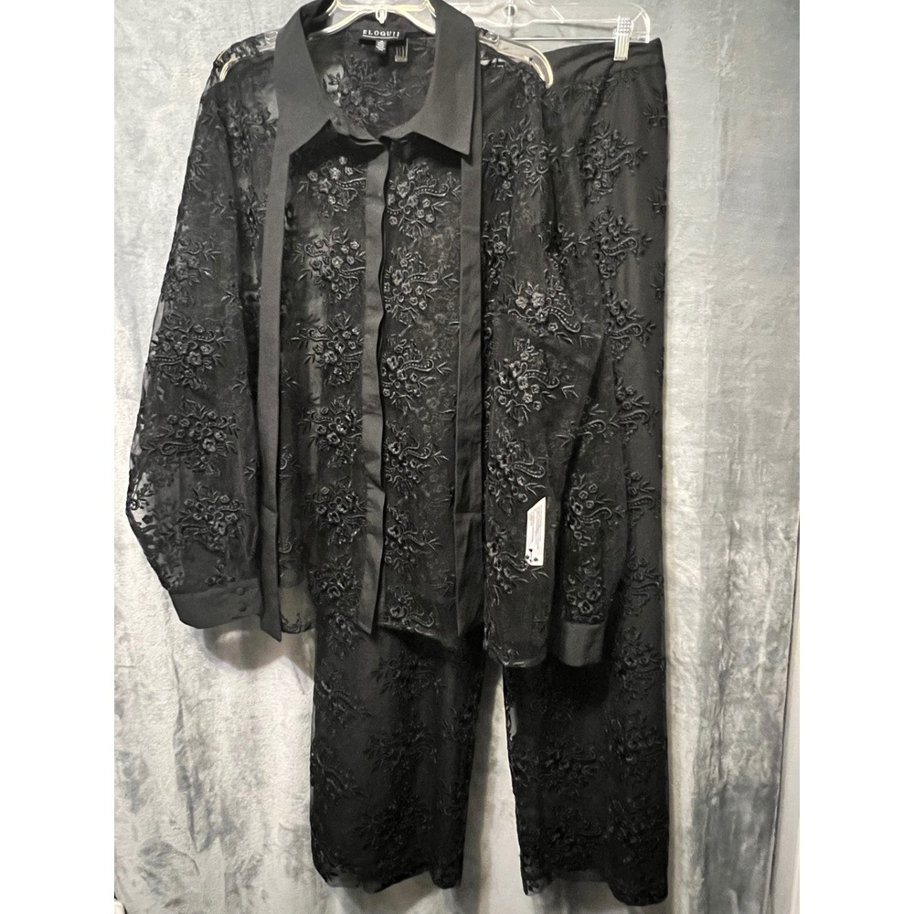 Eloquii Black Embroidered Mesh Pantsuit 28 Plus Lace Sheer Formal Evening Set